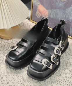Belt Buckle Black Leather Shoes for Women Sandals Pumps Mary Jane British Style Thick Bottom Heightening Single Shoes 2023