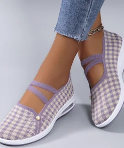 Casual Checkered Rubber Breathable Mesh Elastic Band Flat Shoes