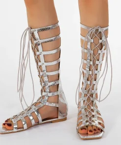 Casual Rivets Hollow Out T-tied Lace-up Gladiator Flats Heels Knee-High Sandals