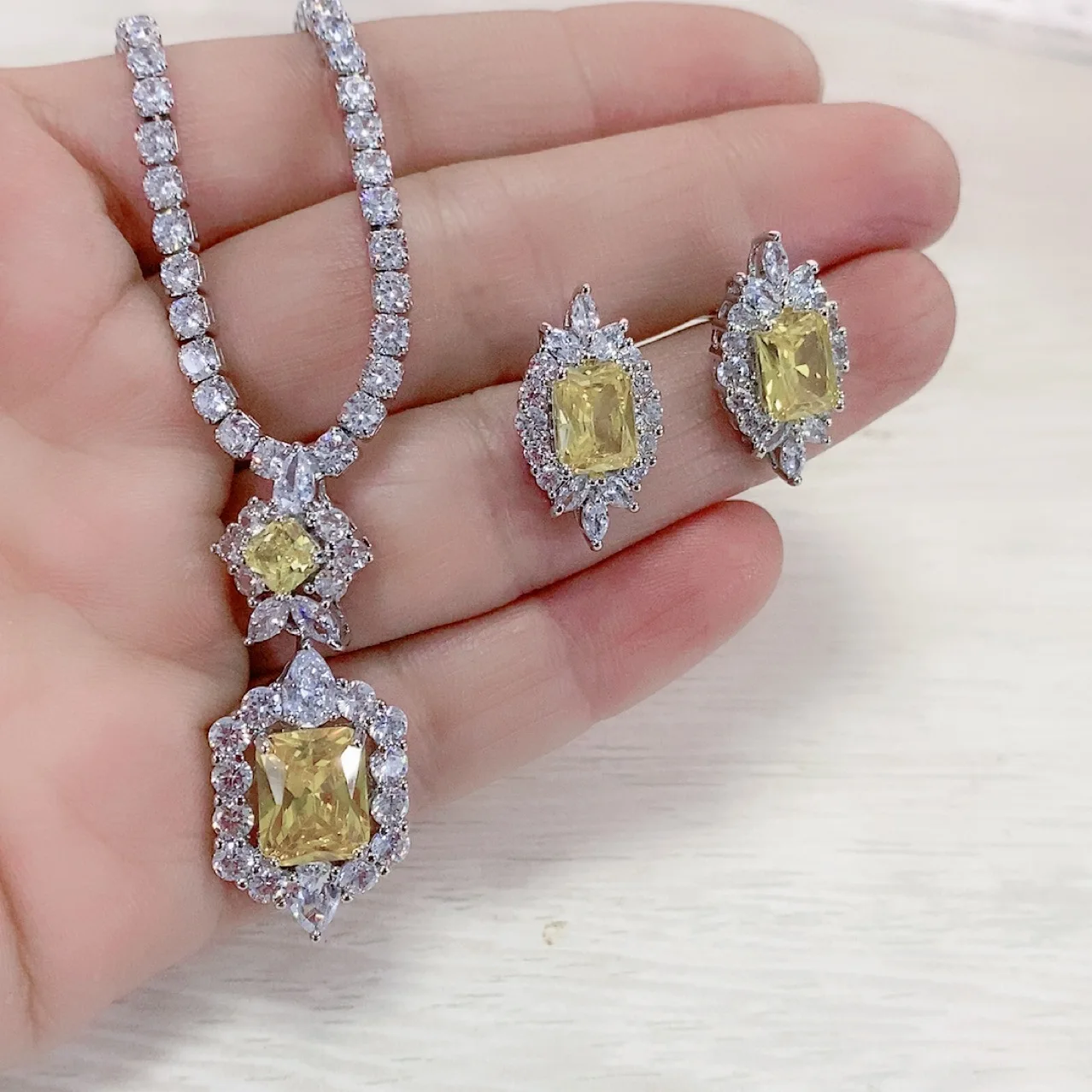 Classic Trendy Lab Emerald Filled Promise Party Wedding Earrings Necklace Bridal Gemstone Jewelry set - Image 4