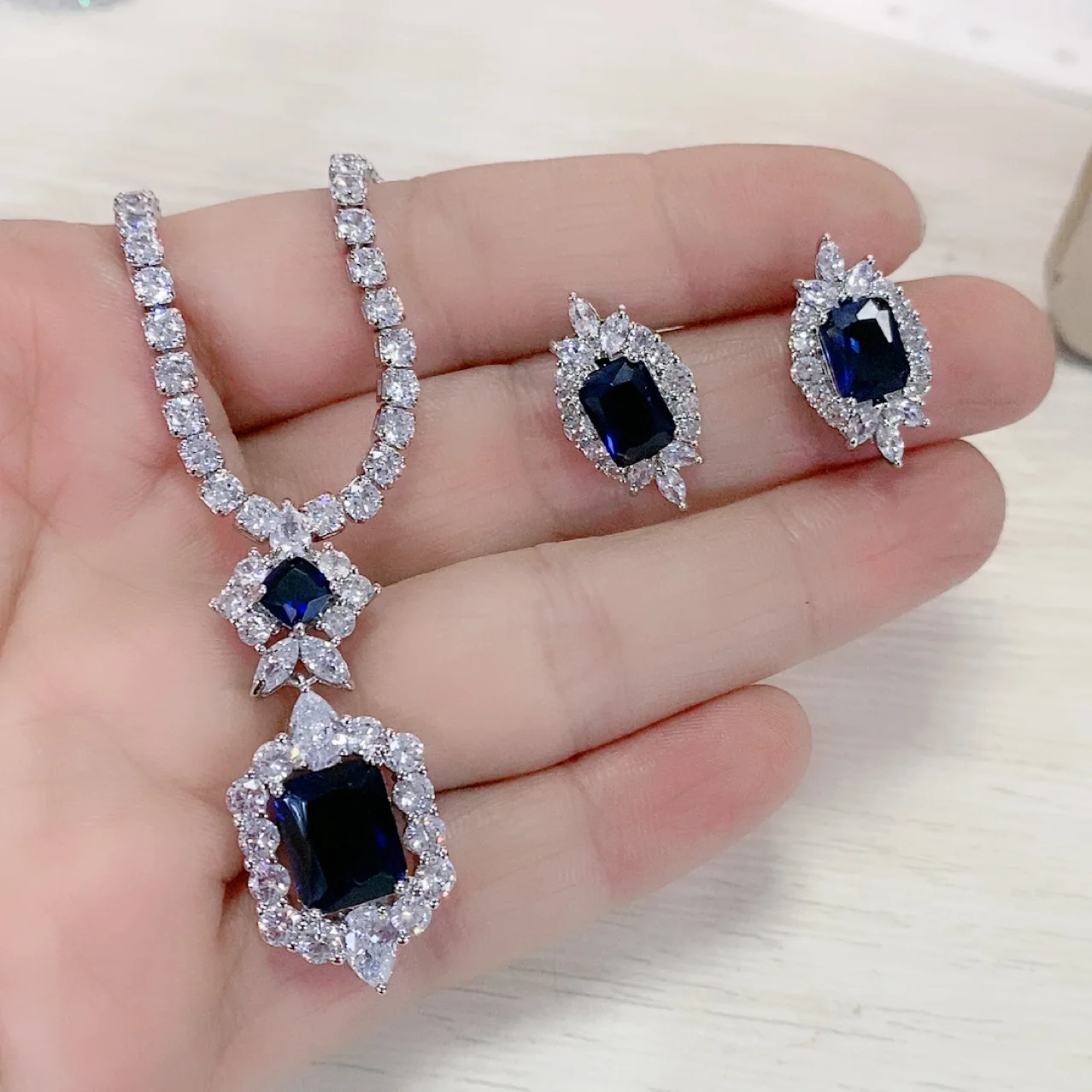 Classic Trendy Lab Emerald Filled Promise Party Wedding Earrings Necklace Bridal Gemstone Jewelry set - Image 5