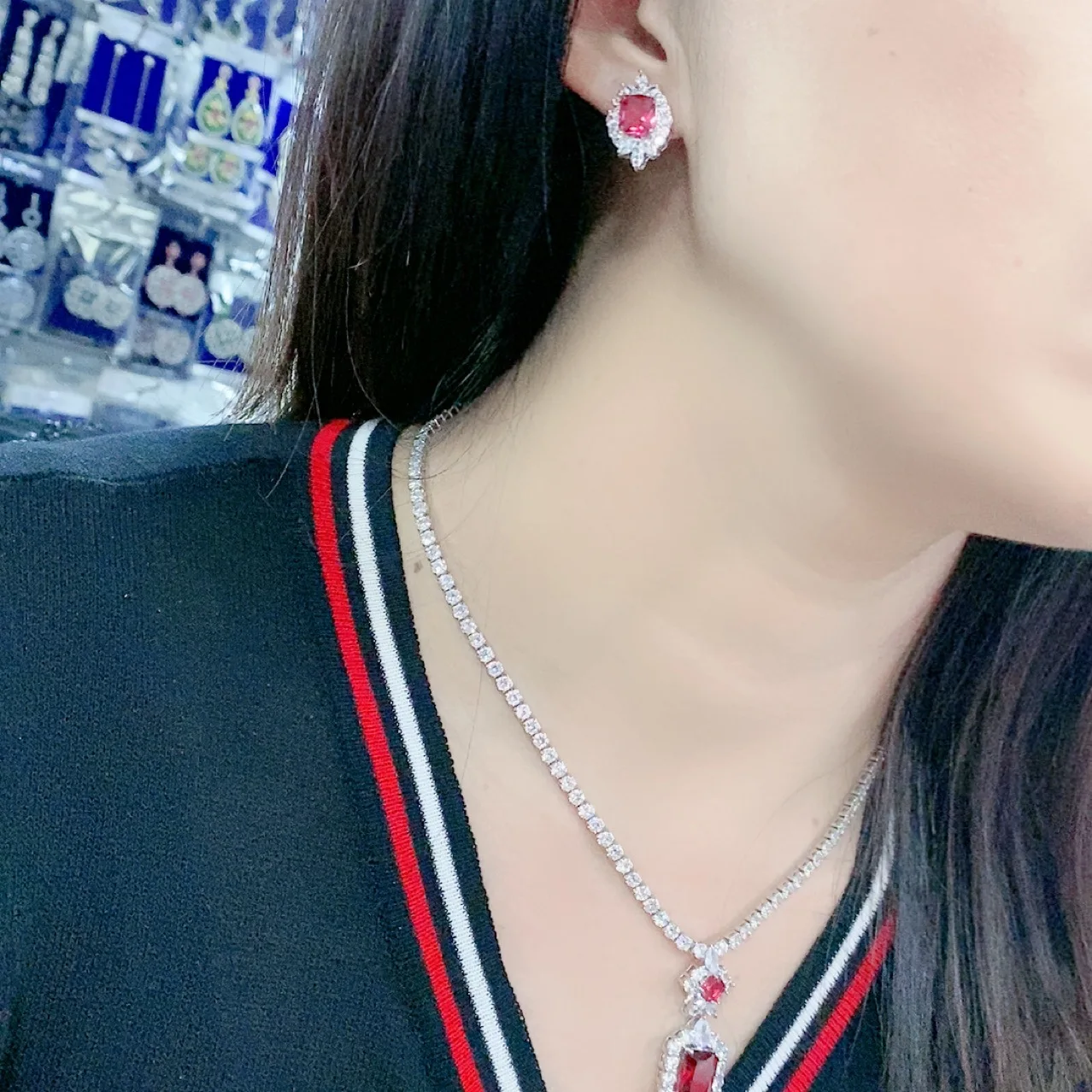 Classic Trendy Lab Emerald Filled Promise Party Wedding Earrings Necklace Bridal Gemstone Jewelry set - Image 2