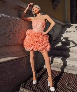 Elegant Backless Strapless Ruffles Flowers Birthday Party Ball Gown