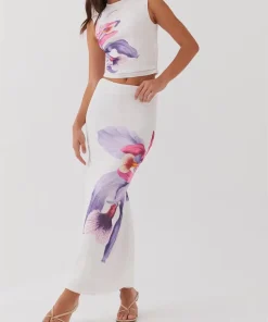 Elegant Floral Print Sleeveless Round Neck Crop Tops Long Skirts Party 2 Piece Set