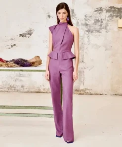 Elegant Solid Halter Waist Fake Pockets Wide Leg Cinching One Piece Jumpsuit