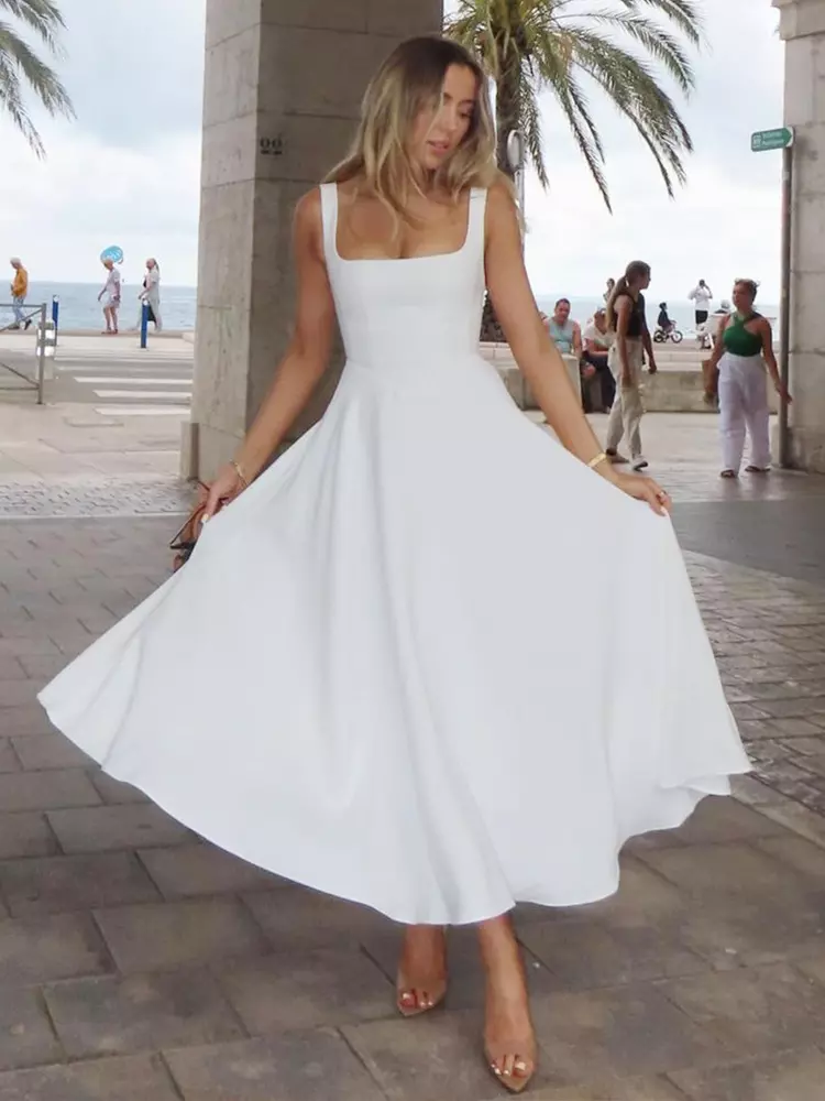 Elegant Square Neck Sleeveless A-line Dating Birthday Midi Dress