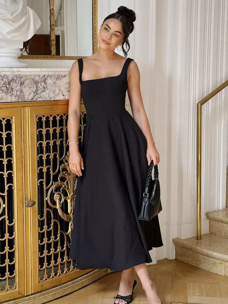 Elegant Square Neck Sleeveless A-line Dating Birthday Midi Dress - Image 5
