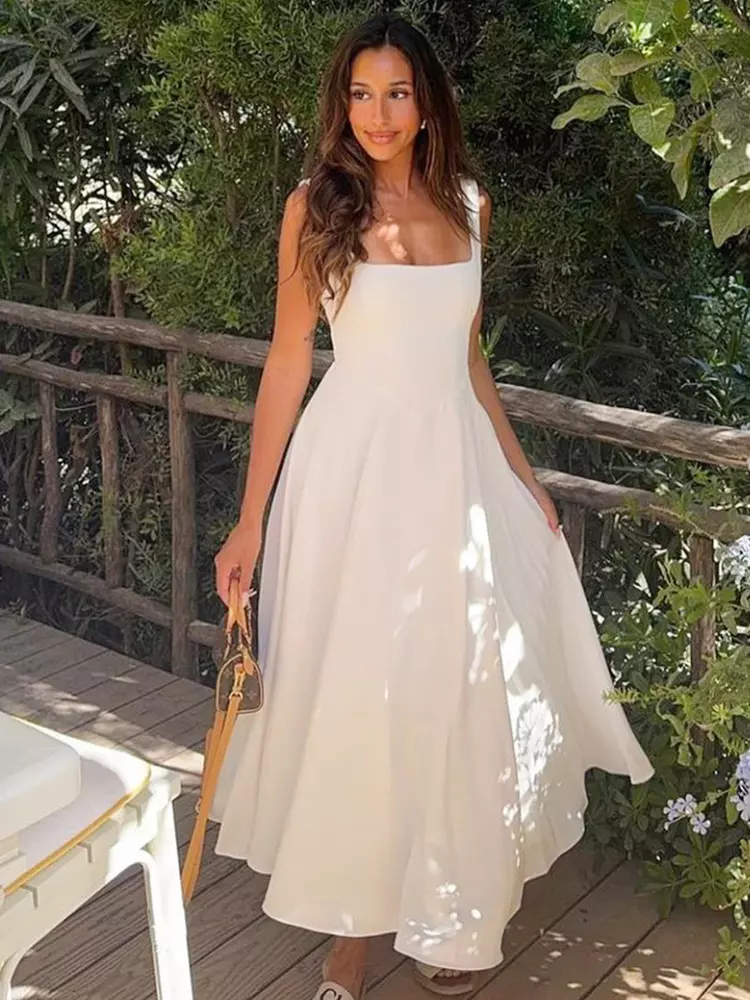 Elegant Square Neck Sleeveless A-line Dating Birthday Midi Dress - Image 2