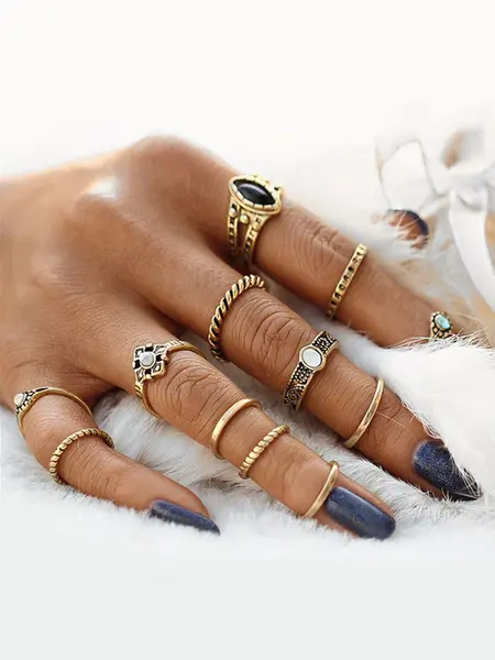 Golden Knuckle Ethnic Style Gems Jeweled Alloy 12 Pieces Ring Set