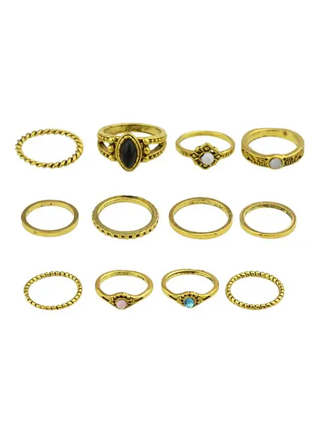 Golden Knuckle Ethnic Style Gems Jeweled Alloy 12 Pieces Ring Set - Image 2
