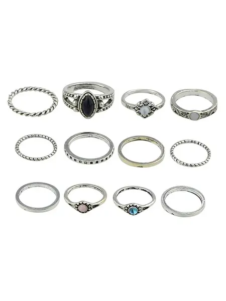 Golden Knuckle Ethnic Style Gems Jeweled Alloy 12 Pieces Ring Set - Image 3