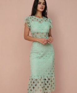 Hollow Lace Solid Ruffle Sleeve Midi Dress