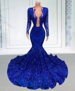 Elegant Mermaid Prom Party Long Sleeves O-neck Sequin Wedding Evening Gowns