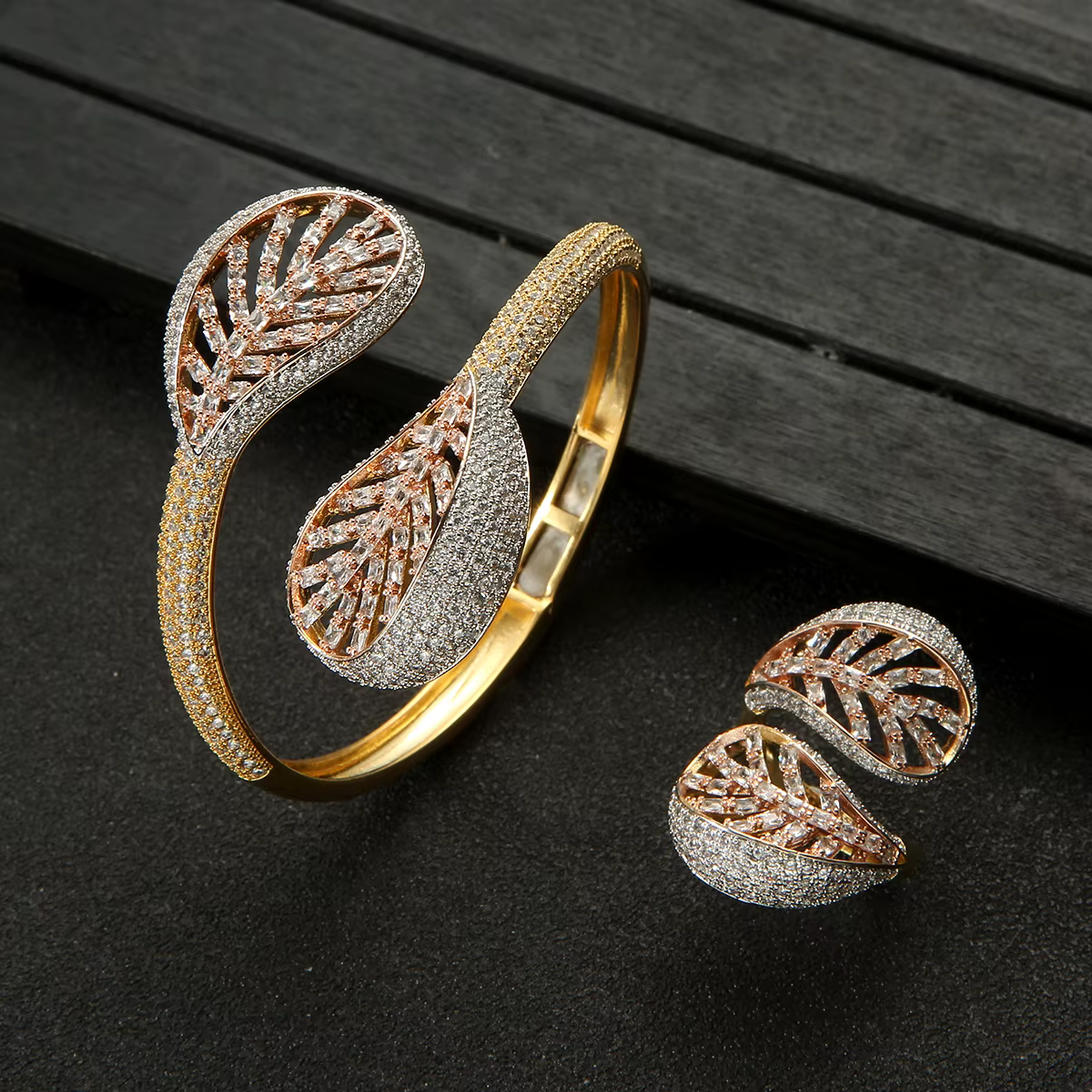 Luxury Leaf Bangle Ring Sets Cubic Zirconia Wedding Bridal Jewelry Sets