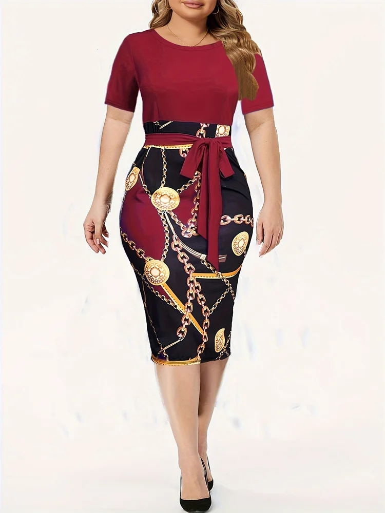 Luxury wrap Color block Chain Print Short Sleeve Round Neck Slight Mini Dress - Image 2