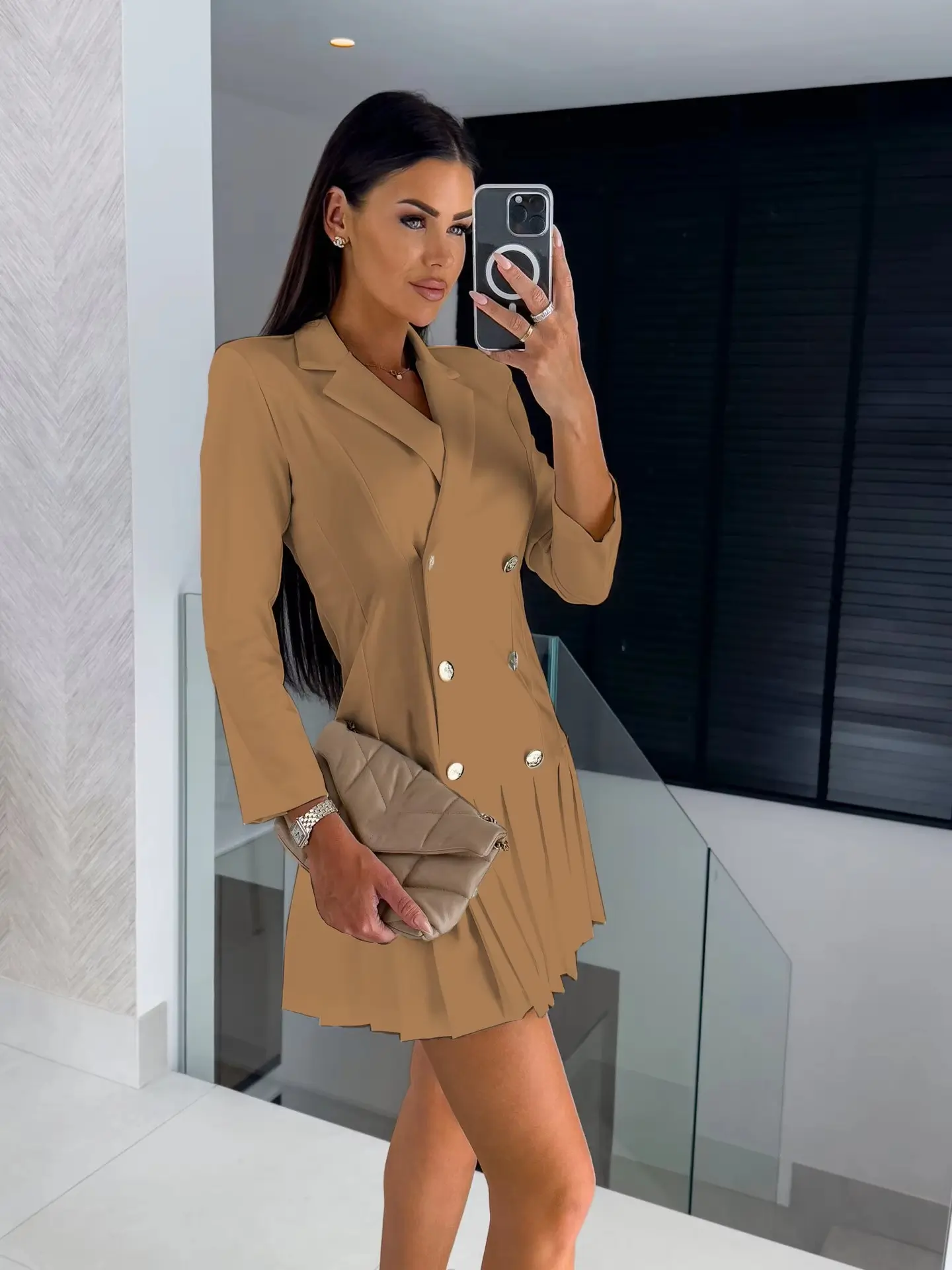 Pleated Double Breasted Long Sleeve Lapel Mini Suit Blazer Dress - Image 4