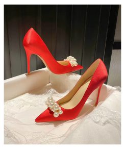 Pearl Pattern French Satin Wedding Bridesmaid High Heels Shoes