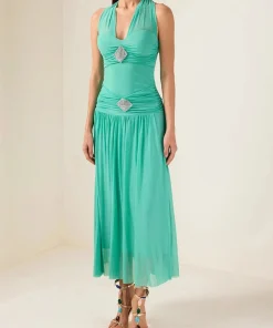Solid V Neck Sleeveless High Waist Temperament Long Dress